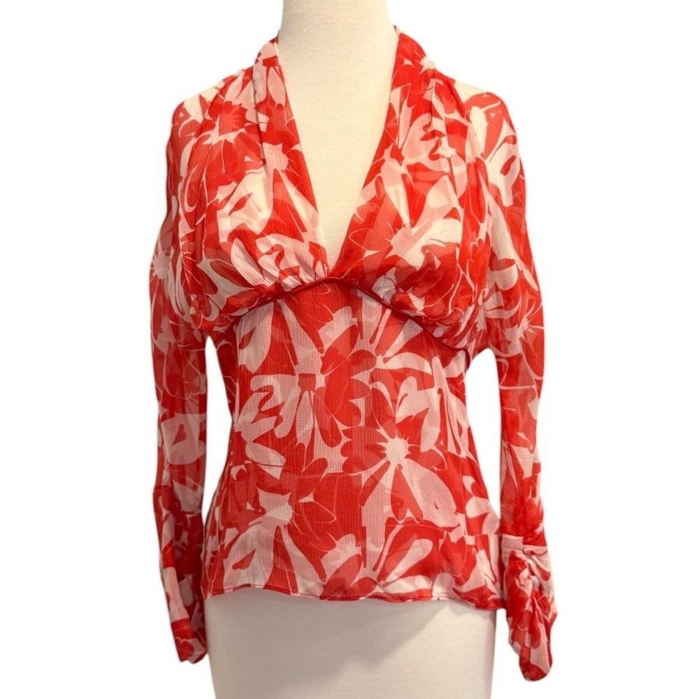 Yigal Azrouel Silk Chiffon Floral Empire Waist Blouse Red White Size 10 - Picture 1 of 10